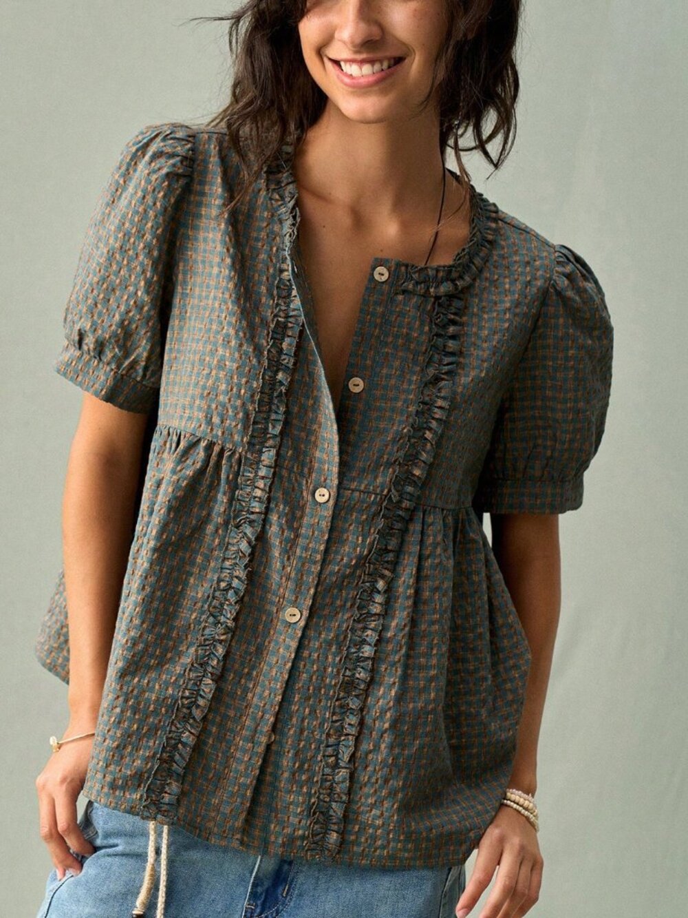 Women's Round Neck Ruched Frill Trim Petal Sleeve Plaid Casual Shirt - Picture 6 of 8